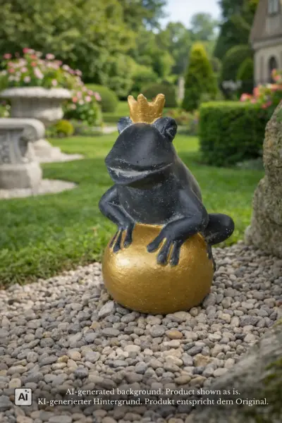 Product image of the product “Frog Prince sitting on ball, approx. 30cm height, cast stone, hollow, handcrafted & coloured ”